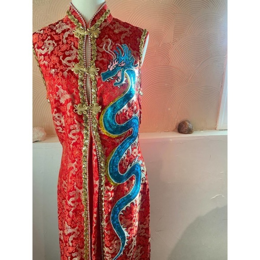Amazing sequin dragon dress, Vintage Dress, Red Gold, Hand Painted